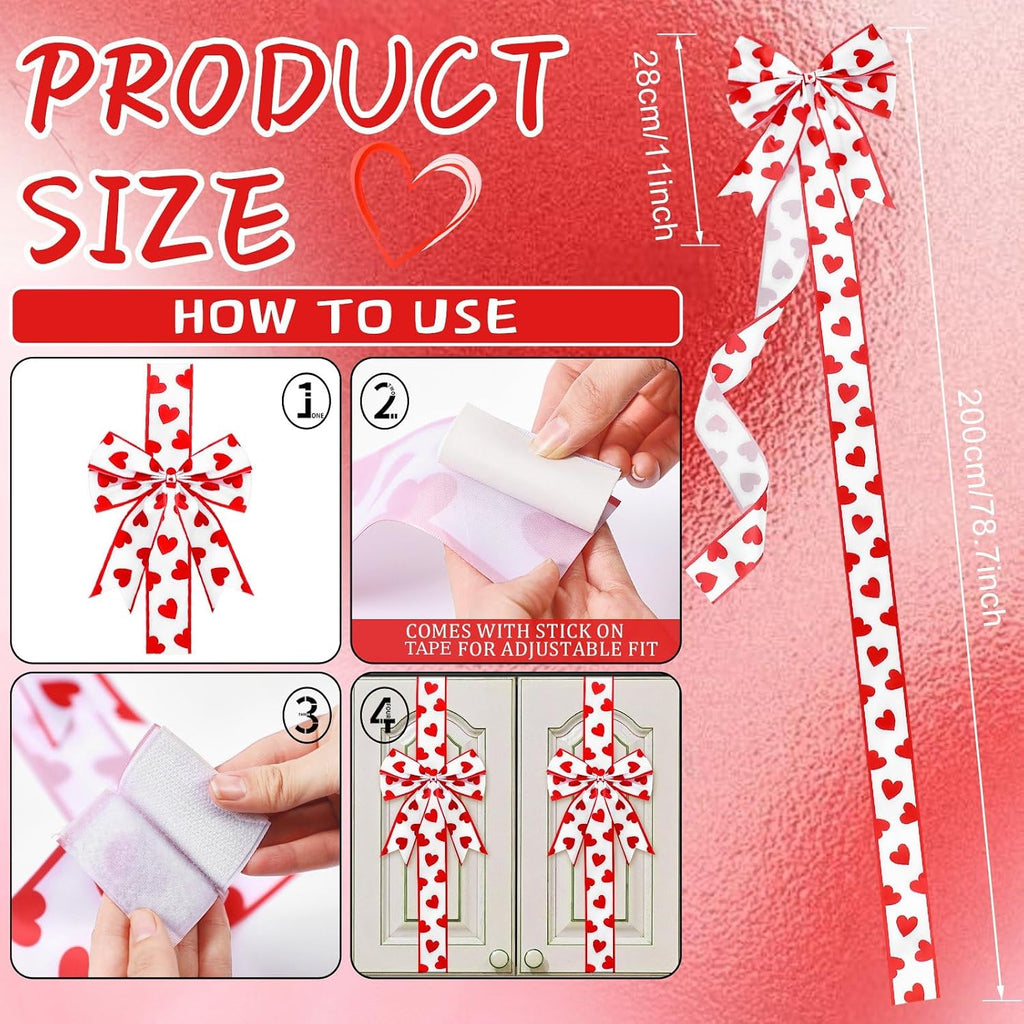 Valentine's Day Cabinet Ribbons Bows 78.8 Inch Large Red and White Heart Door Ribbon Cabinet Bows Gifts Holiday - Set of 8