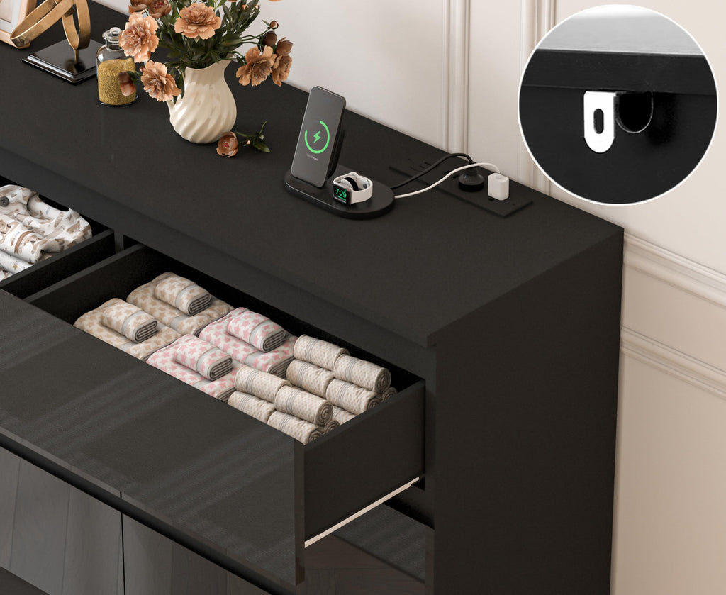 55 INCH 7 Drawers Dresser with Power Outlet, Wide High Gloss Chest of Drawers Large, Modern Storage Drawer Dresser