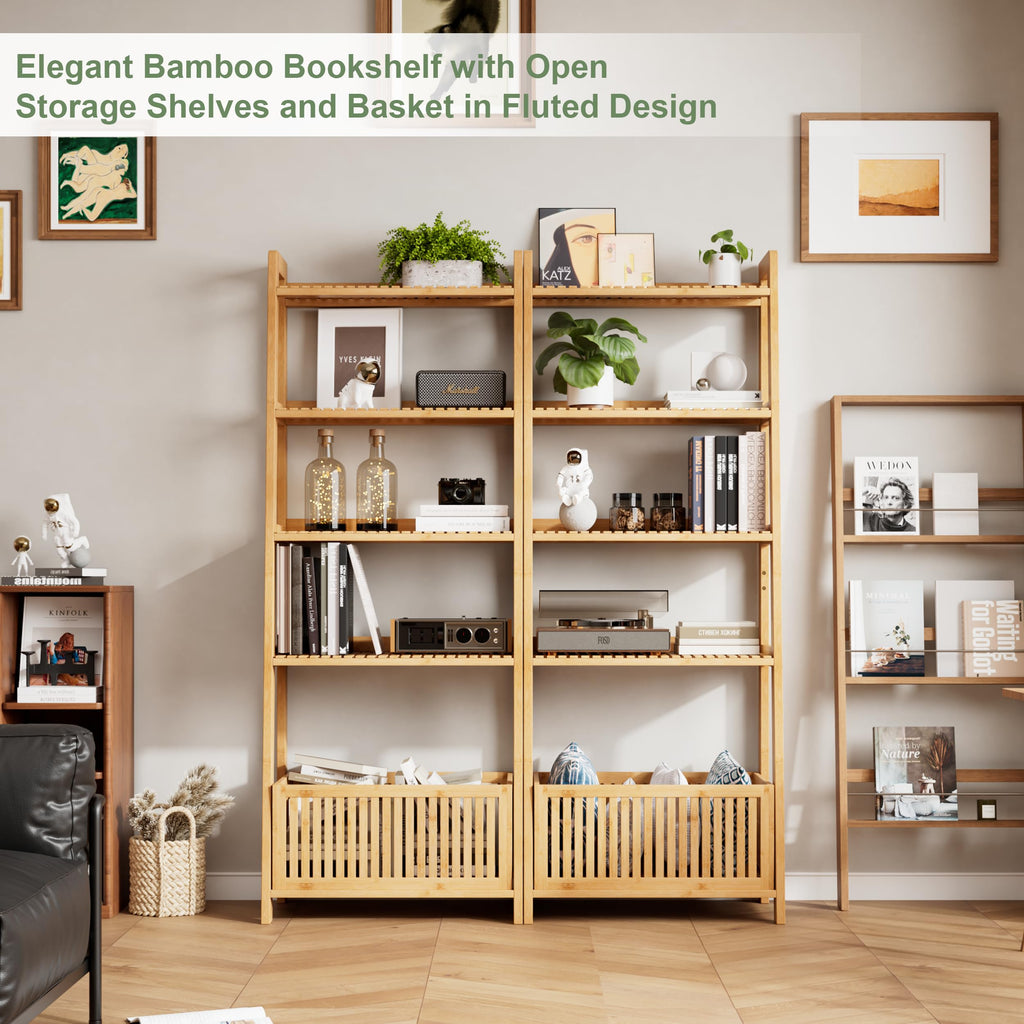 Bamboo Ladder Shelf, Bookshelf with 4 Display Shelves and 1 Open Storage Basket, Multifunctional Storage Rack