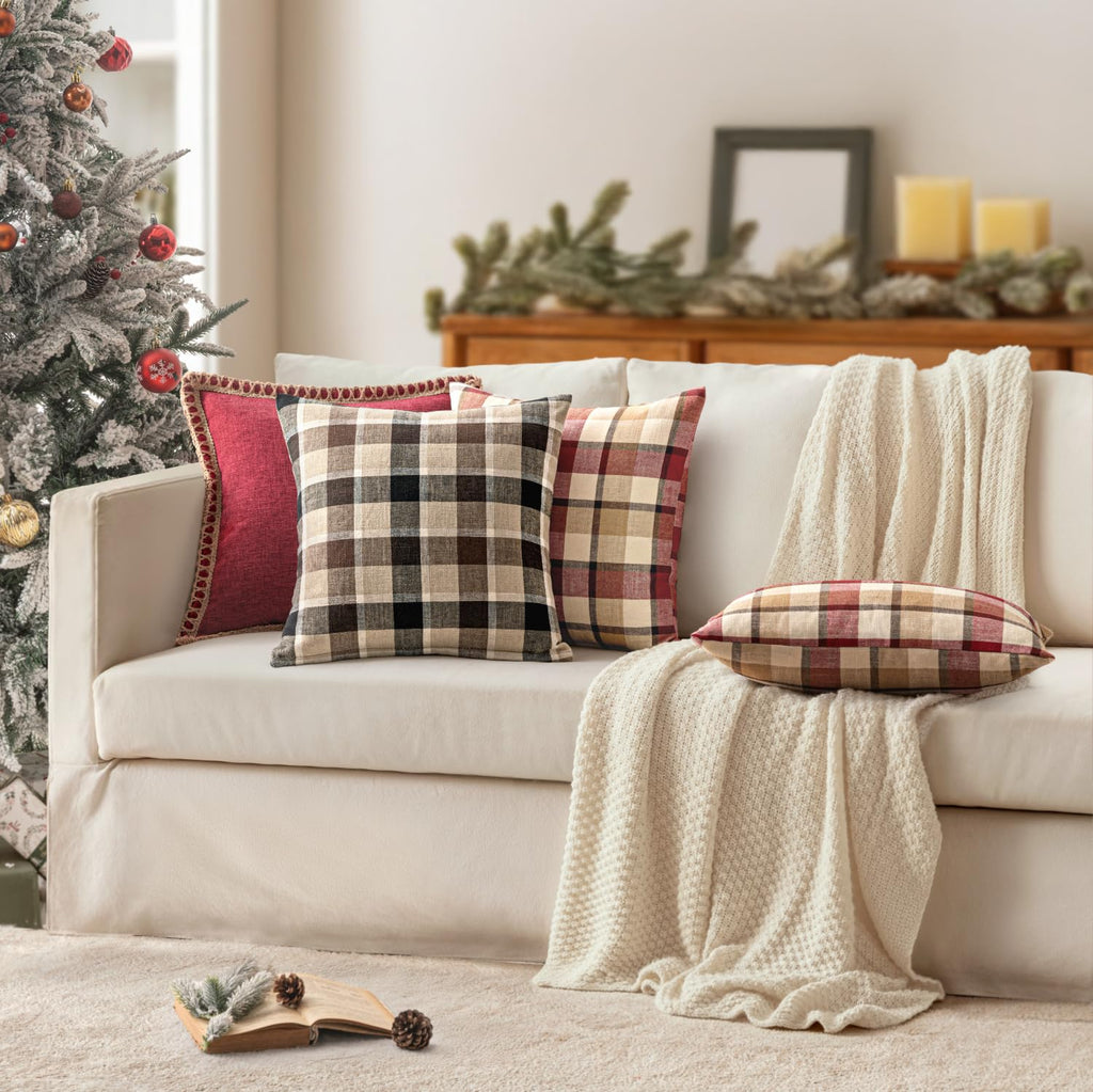 Christmas Decorative Plaid Pillow Covers Coffee and Brown 20x20