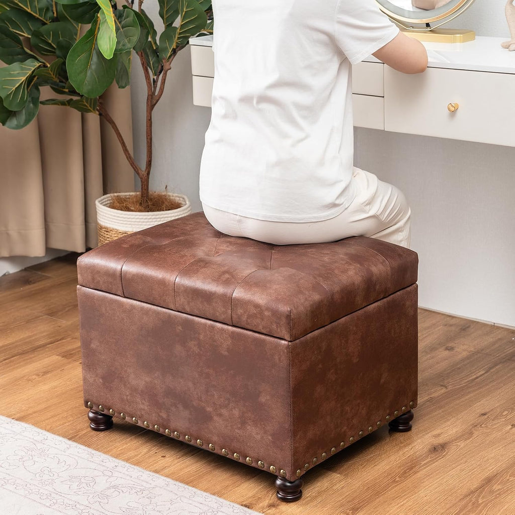 Leather Storage Ottoman, 24" Rectangle Tufted Square Upholstered Bench, Foot Rest Stool with Wood Legs, Footstool