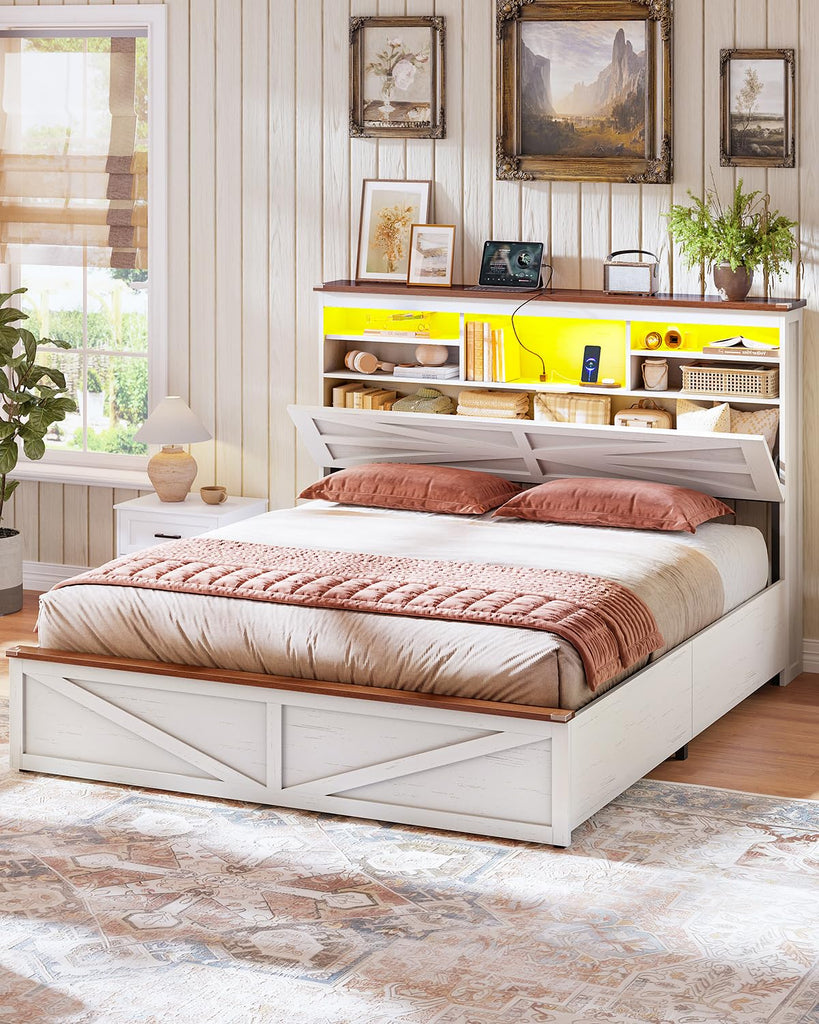 Farmhouse Bed Frame with Lift Up Storage, Antique White