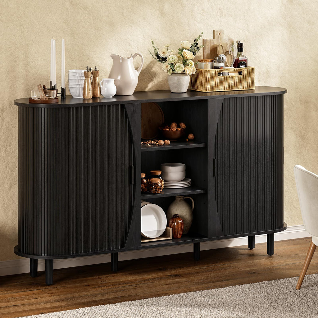 59" Curved Sideboard Cabinet with Storage Adjustable Shelf Black