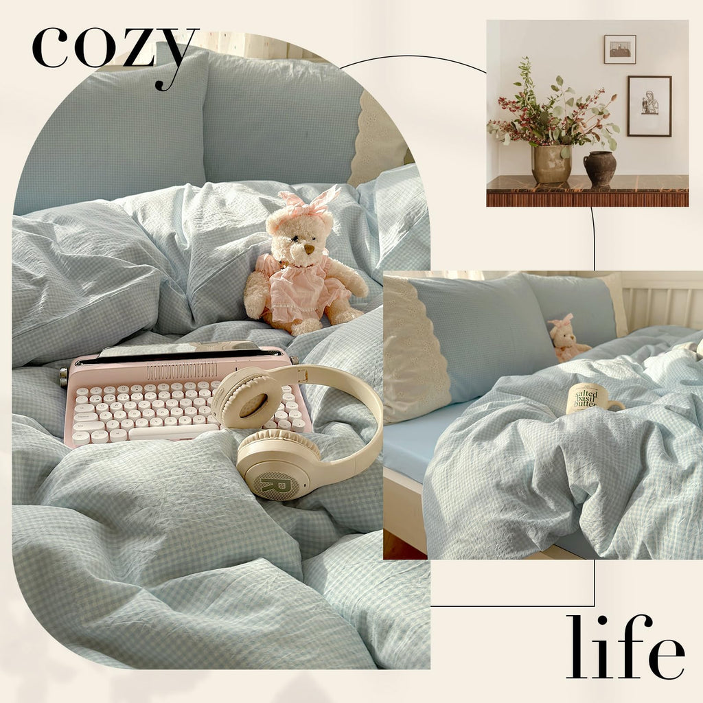 Lace Comforter Set Blue Plaid Gingham Comforter with 2 Romantic Lace Pillowcases Soft Cozy Grid Bedding Set