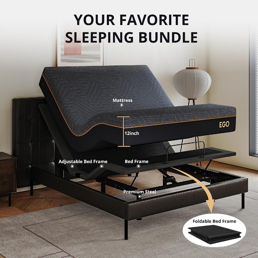 EGOHOME Adjustable Bed Frame Queen and 12 inch Memory Foam Mattress,Wireless Remote Adjustable Bed Base with 12" - Set of 2