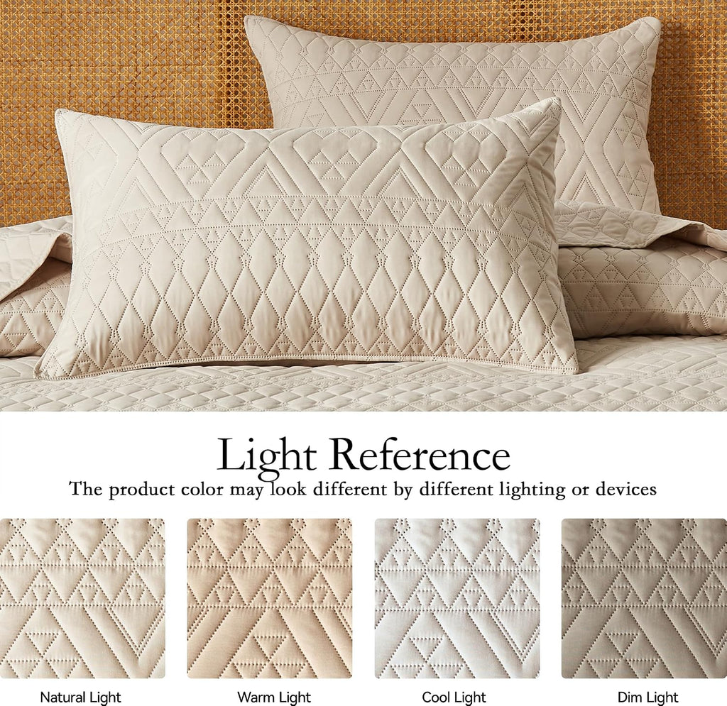 Full/Queen Quilt Bedding Set,Beige Lightweight Microfiber Soft Bedspread,Modern Style Geoetric Pattern Coverlet Set