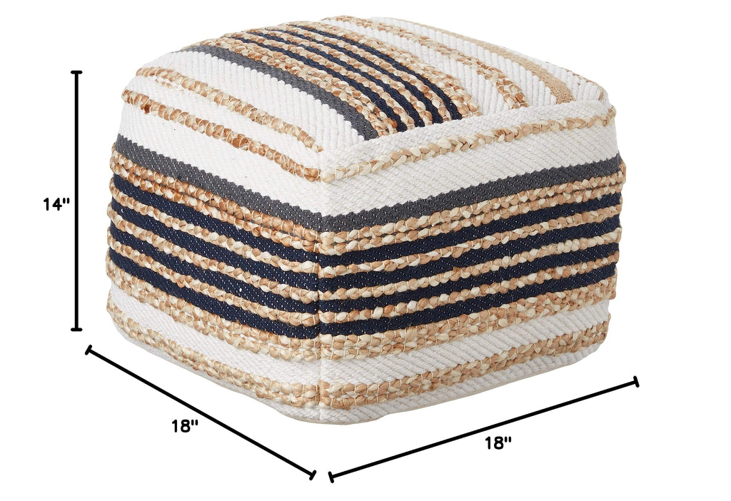 LR Home Natural/Navy Blue/White Square Ottoman Pouf Decor | Striped Hand-Woven Jute Cotton Blend Square Pouf Ottoman