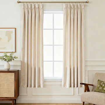 Triple Pinch Pleated Cream Velvet Curtains Living Room Darkening Curtain Neutral Modern Farmhouse - Set of 2