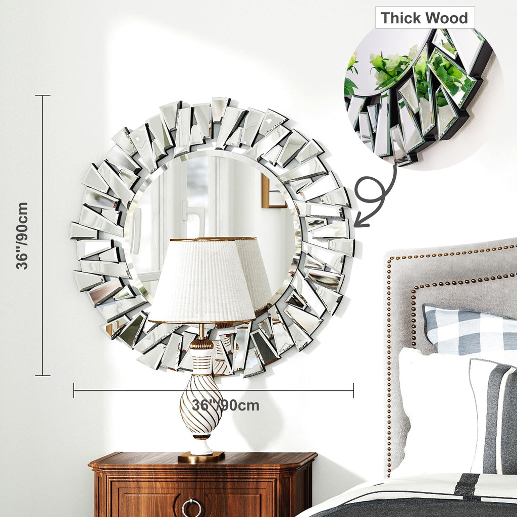Round Mirror for Wall Decor, 36" Large Living Room Mirror with 3D Beveled Glass Frame, Modern Frameless Unique Design