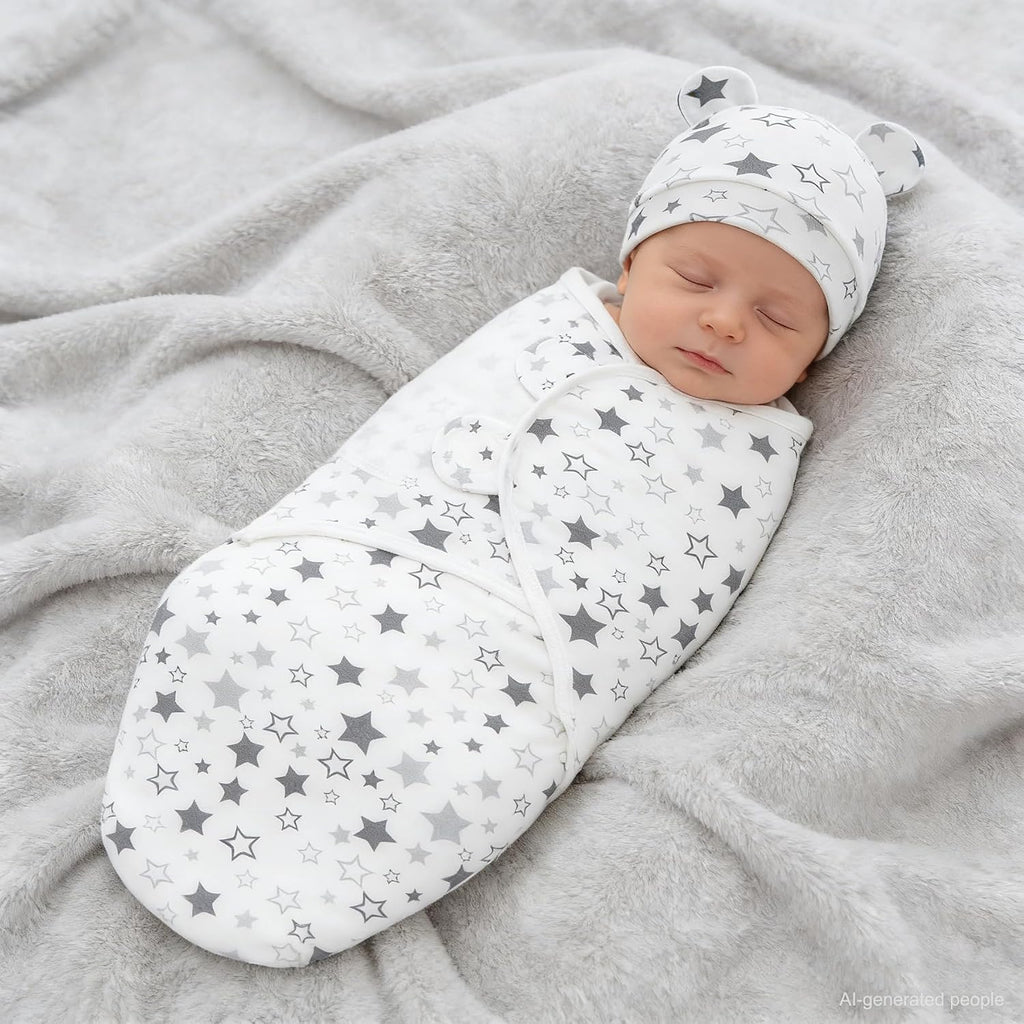 Pack Unisex Baby Swaddles for Newborns with Hat(Grey/Star/Stripe)