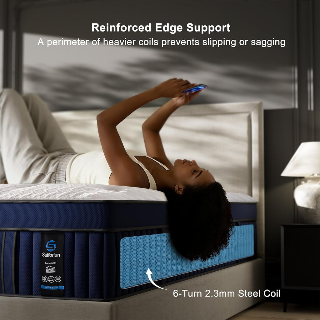 14 Inch Cal King Mattress with Ice Silk Cover, Euro Top Hybrid Gel Memory Foam with 7-Zone Pocketed Coils, Medium