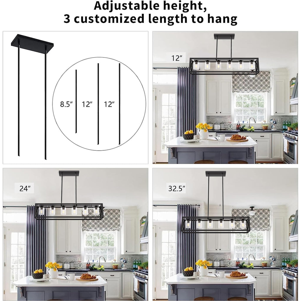 Farmhouse Dining Room Light Fixture - 6 Light Kitchen Island Lighting with Adjustable Height & Thickened Metal Dining