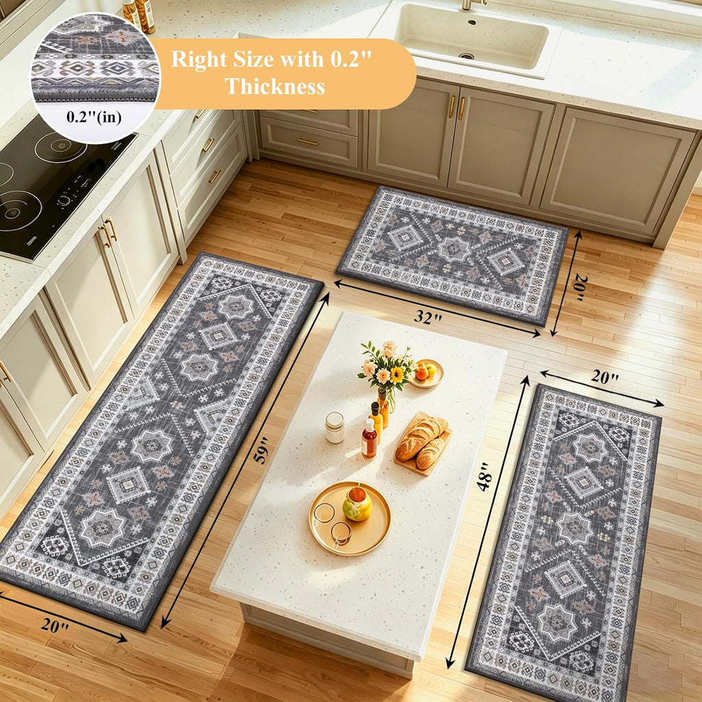 Boho Kitchen Rugs Set of 3, Non Slip Washable Kitchen Mats for Floor | Farmhouse Kitchen Runner Rug Set, Soft Vintage