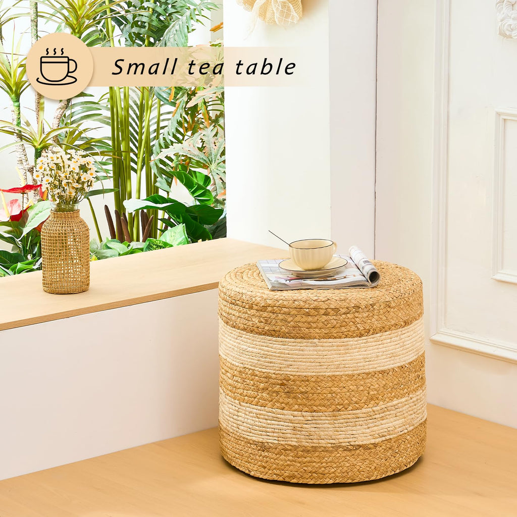 Handwoven Ottoman Pouf, Natural Water Hyacinth Footstool, Round Braided Outdoor Seat with Sturdy Frame, Boho Accent