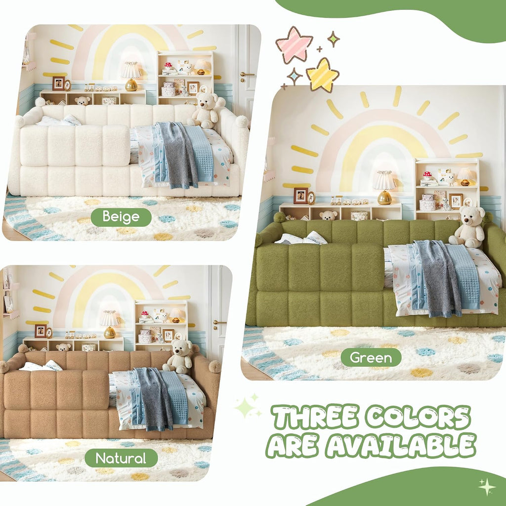 Upholstered Montessori Floor Bed with Fence, Green
