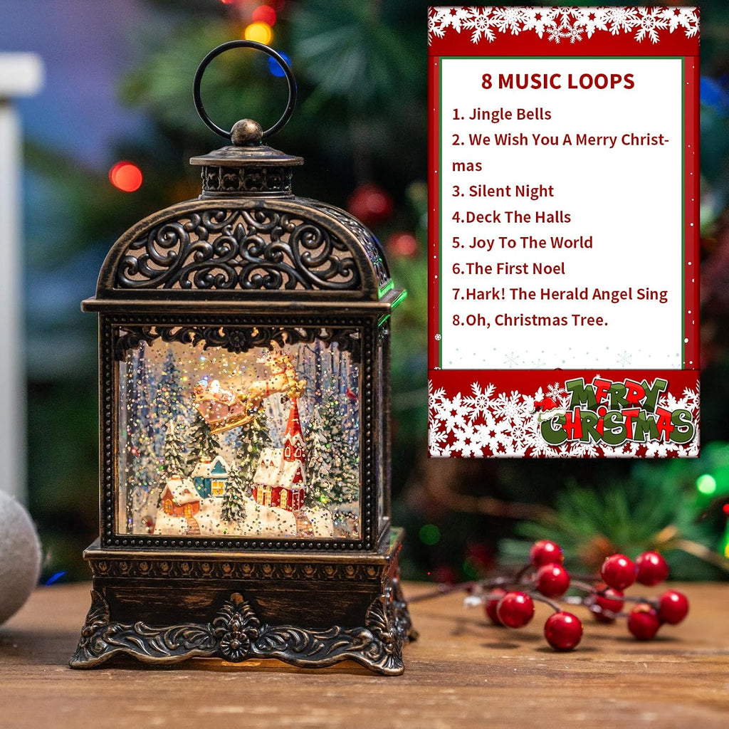 Christmas Village Snow Globe Lighted Flying Santa Scene, Musical Snow Water Lantern Swirling Glittering Home