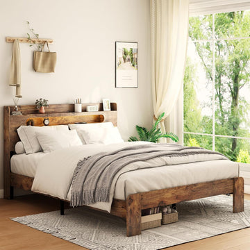 Wooden Queen Bed Frame with Storage Headboard, Rustic Farmhouse Platform Bed Frame Queen with Charging Station & LED