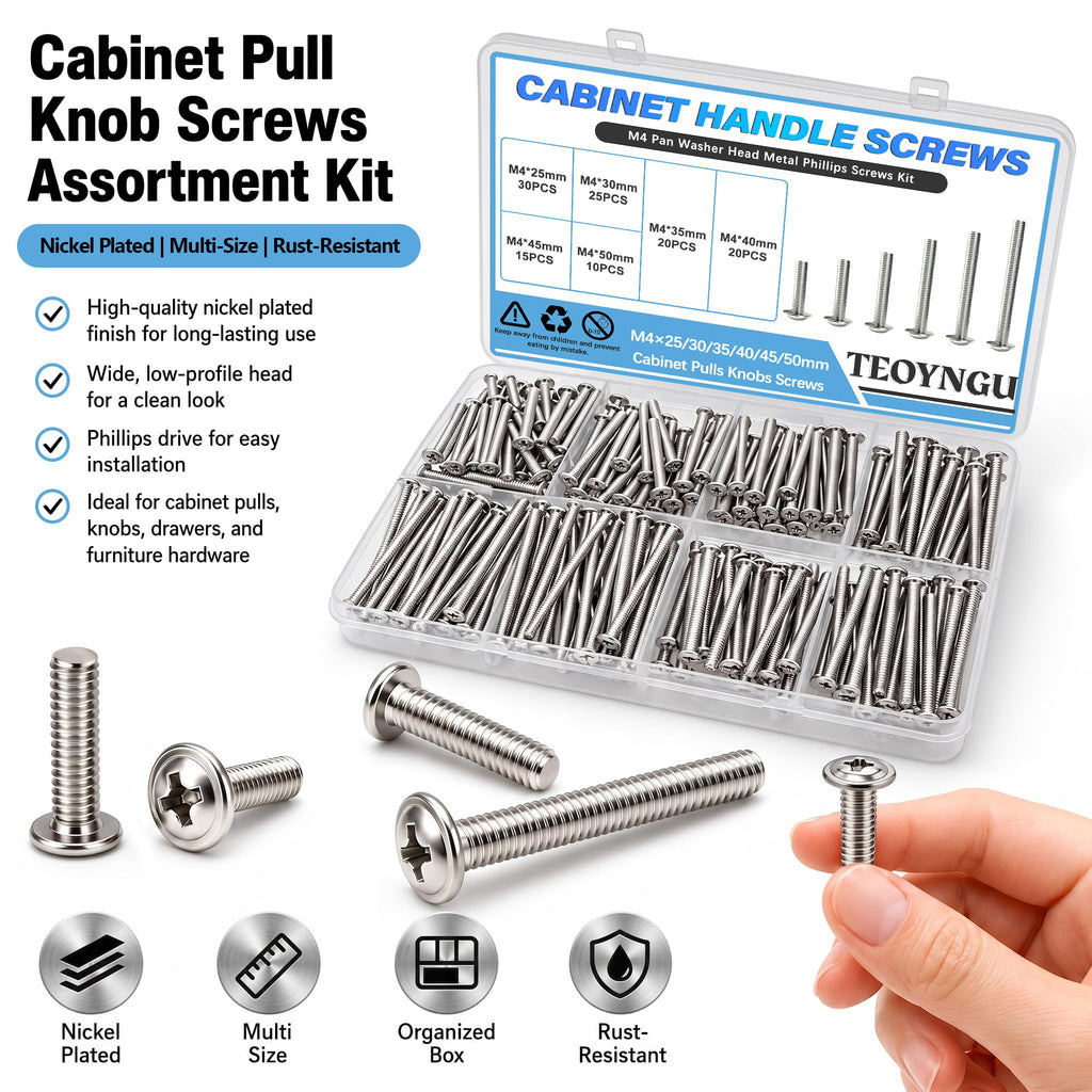 200PCS M4 Cabinet Pulls Knobs Screws,M4 Machine Screws,M4×25/30/35/40/45/50mm Phillips Pan Head Drawer Screws with