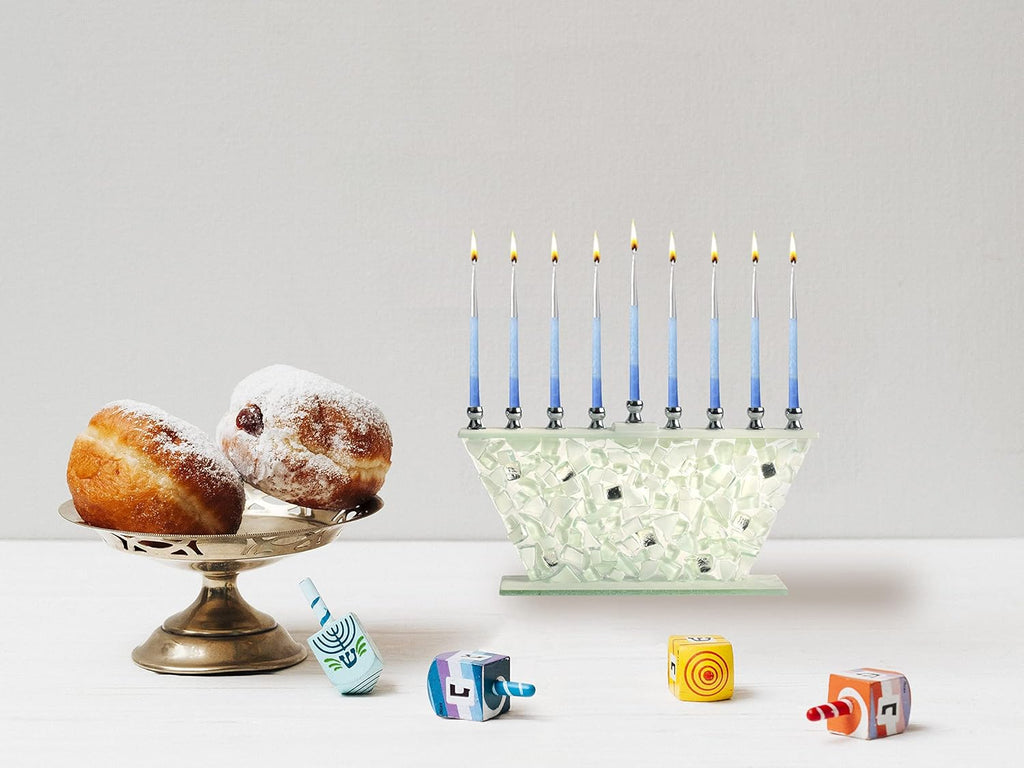 Hanukkah - White Shattered Glass - Handcrafted Painted Glass - Fits All Standard Chanukah Candles
