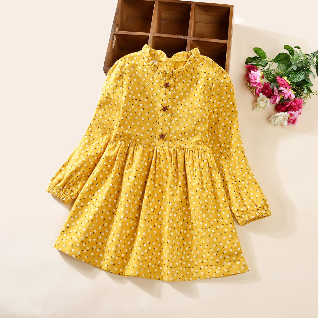 Toddler Baby Girls Floral Dress Long Sleeve Cotton Dress Fall Winter Midi Dress Little Girl Dress Yellow