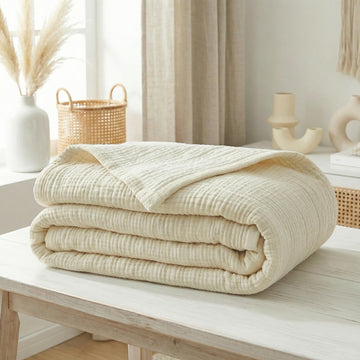 Organic Cotton 4-Layer Muslin Large Throw Blanket Without Fringes (50 x 70 Inches) - Lightweight, Ultra Soft &