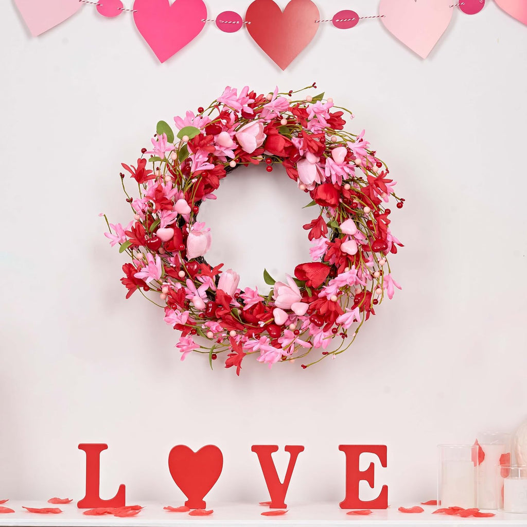 Valentine's Day Wreath 22 Inch Valentines Day Wreaths for Front Door Valentine Door Wreath with Red Berries Pink