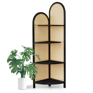 70" Arched Rattan Corner Shelf, 4-Tier 90° Corner Design, Black