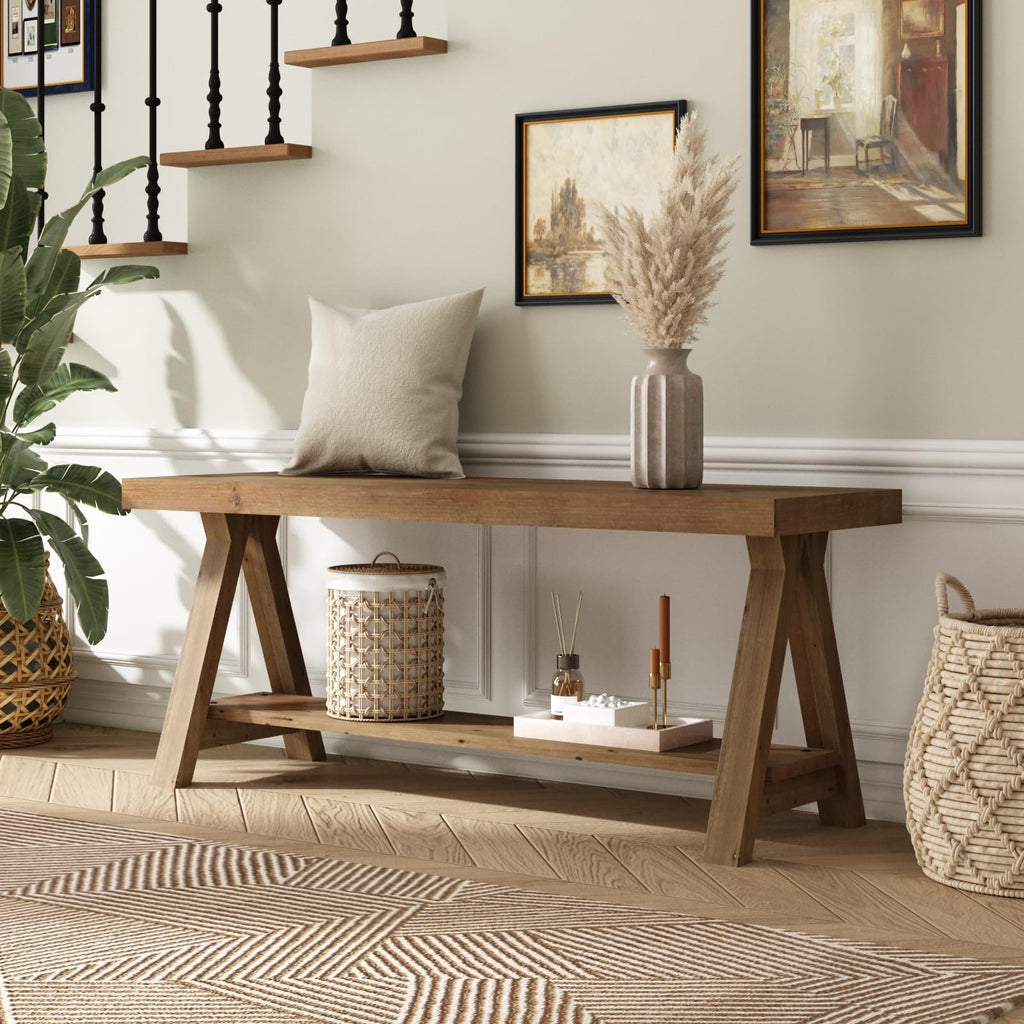 Solid Wood Bench, 43" Farmhouse Entryway Bench with Shoe Storage