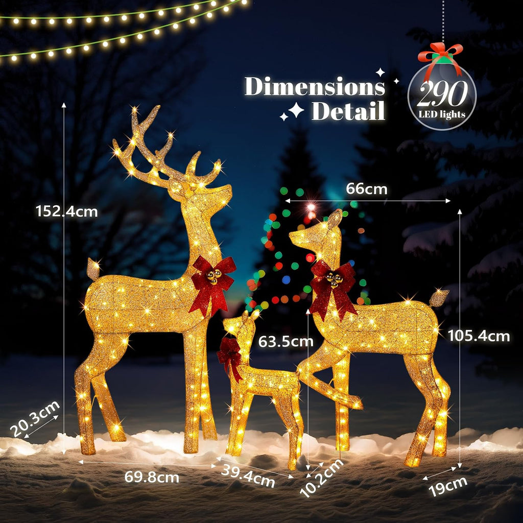 3-Piece Lighted Golden Christmas Reindeer Family Set, 5FT White Buck Doe Fawn Outdoor Decorations, Weatherproof Deer