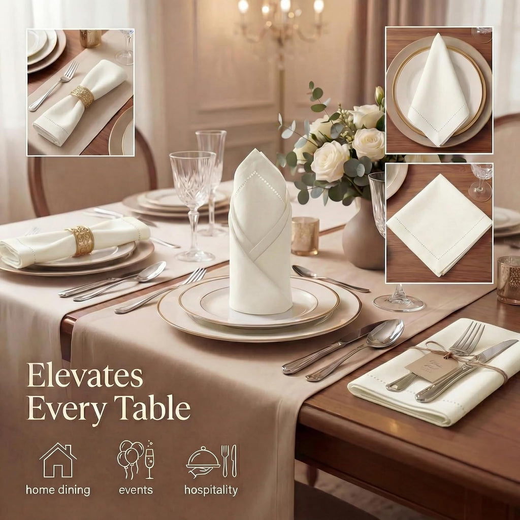 Cloth Napkins Ivory Hemstitch Dinner Napkins Set of 12 (20X20) 100% Cotton Absorbent Washable Durable Reusable Ideal