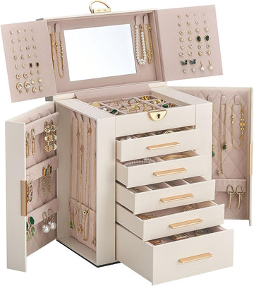 Large Jewelry Box, 6-Layer Jewelry Organizer with 5 Drawers -Beige