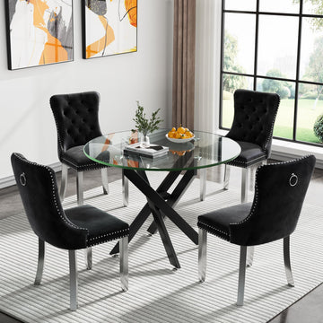 5 Piece Round Glass Dining Table Set for 4, 35" Round Dining Table & Chair Set Modern Small Circle Glass Kitchen