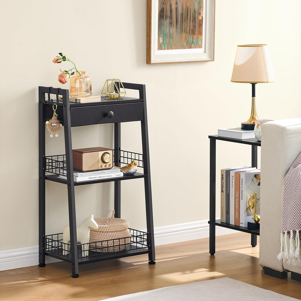 Bathroom Ladder Shelf with Drawer, 3-Tier Bathroom Storage, Black