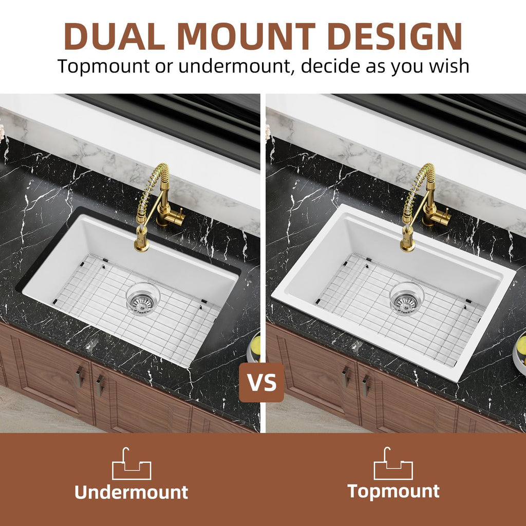White Undermount Kitchen Sink 27 Inch, 27 x 18 Dual Mount Granite Composite Workstation Kitchen Sink, Deep Single
