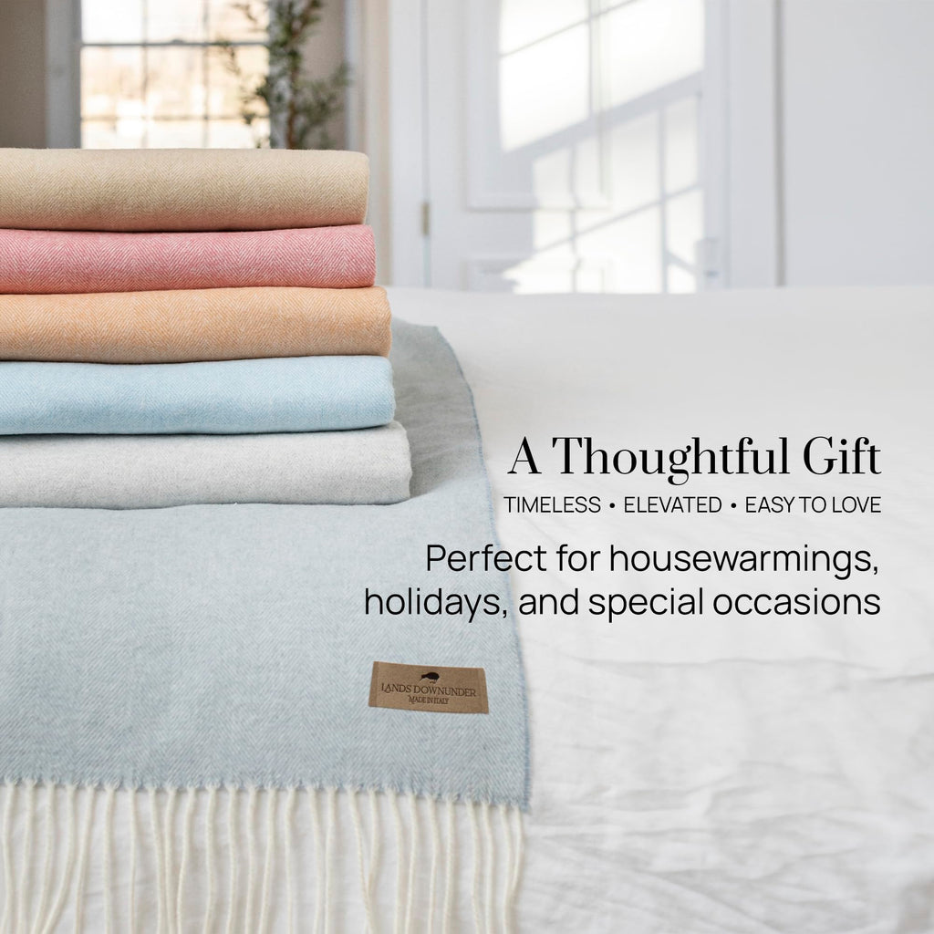 Cotton Throw Blanket - Blue Denim Italian Woven Herringbone Throw Blanket with Fringe - Luxury Decorative Throw for