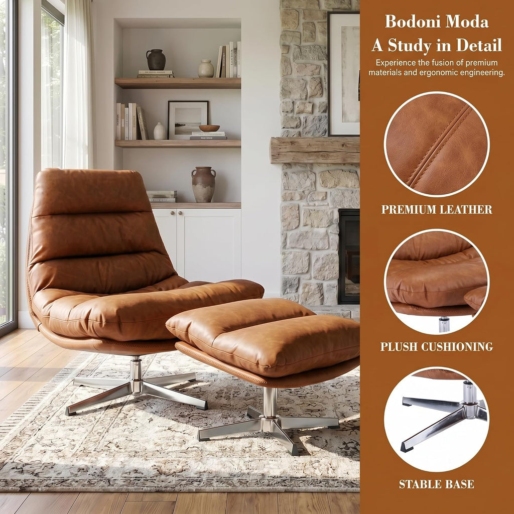 Brown Swivel Lounge Chair with Ottoman Modern PU Leather Accent Chair with Footrest 33'' Wide Oversized Armless