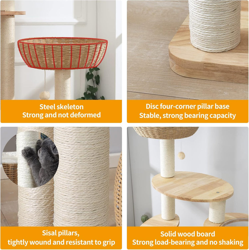 59-Inch Modern Cat Tree Tower for Large Indoor Cats, Handwoven Basket Condo
