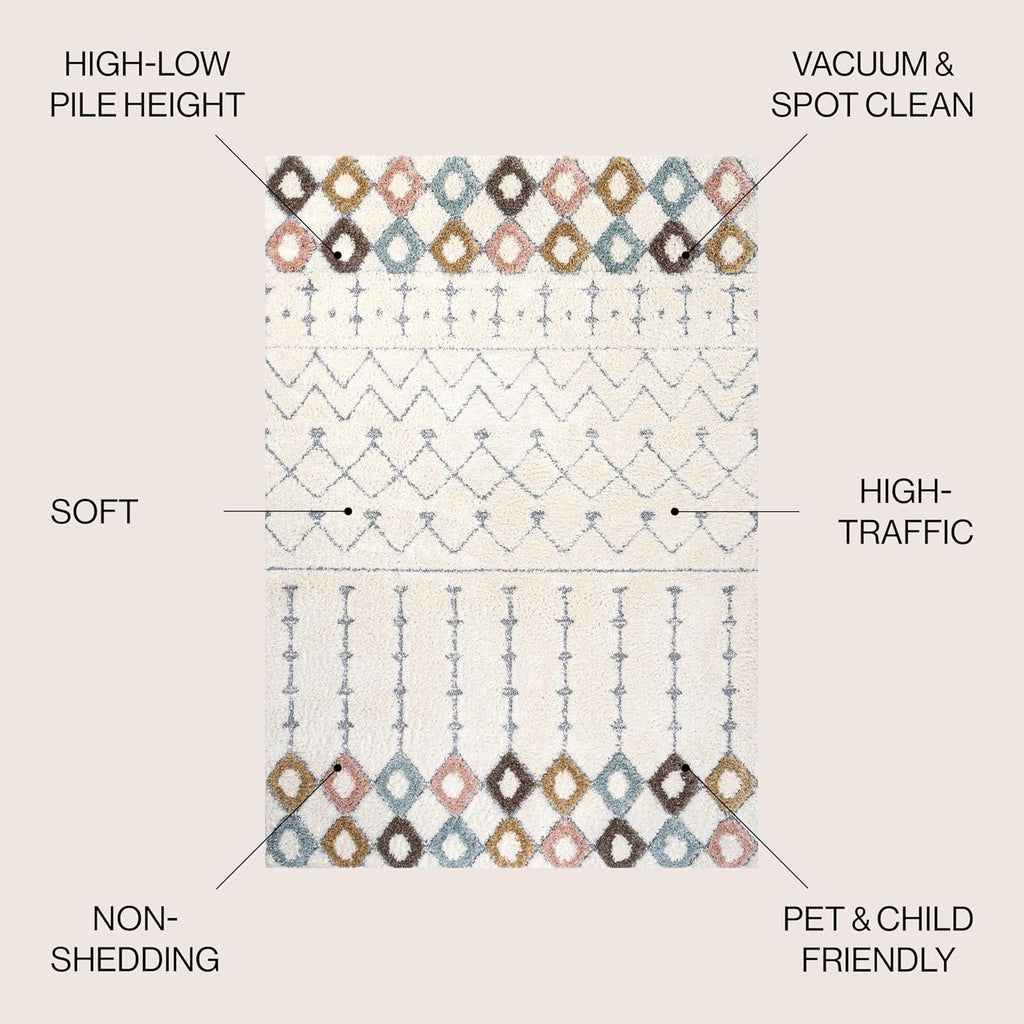 Trellis Plush Carved Multi/Cream Indoor Area Rug 4X6 ft, Pia Moroccan High-Low, Easy-Cleaning, High Traffic