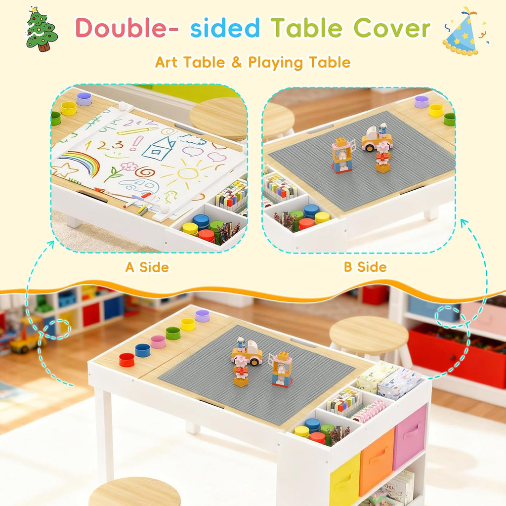 Kids Art Table and 2 Chairs Set, Wooden Craft Desk with Storage Shelves, 3 Storage Bins & Paper Roll for Drawing