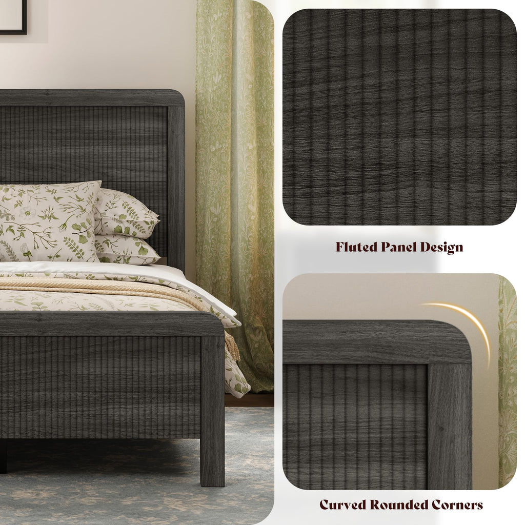 Full Wood Bed Frame with Fluted Headboard & Footboard, Black