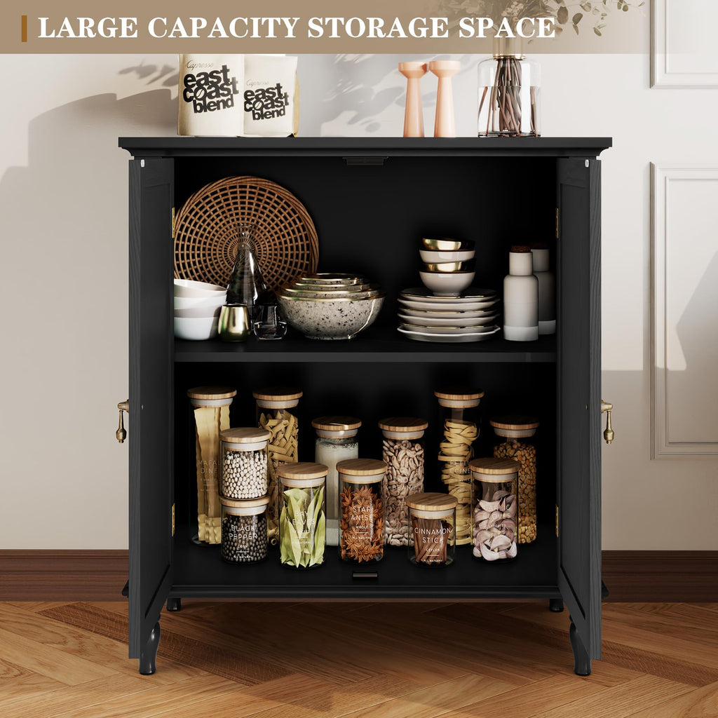 Vintage Buffet Cabinet with Storage, Solid Wood Veneer, Black