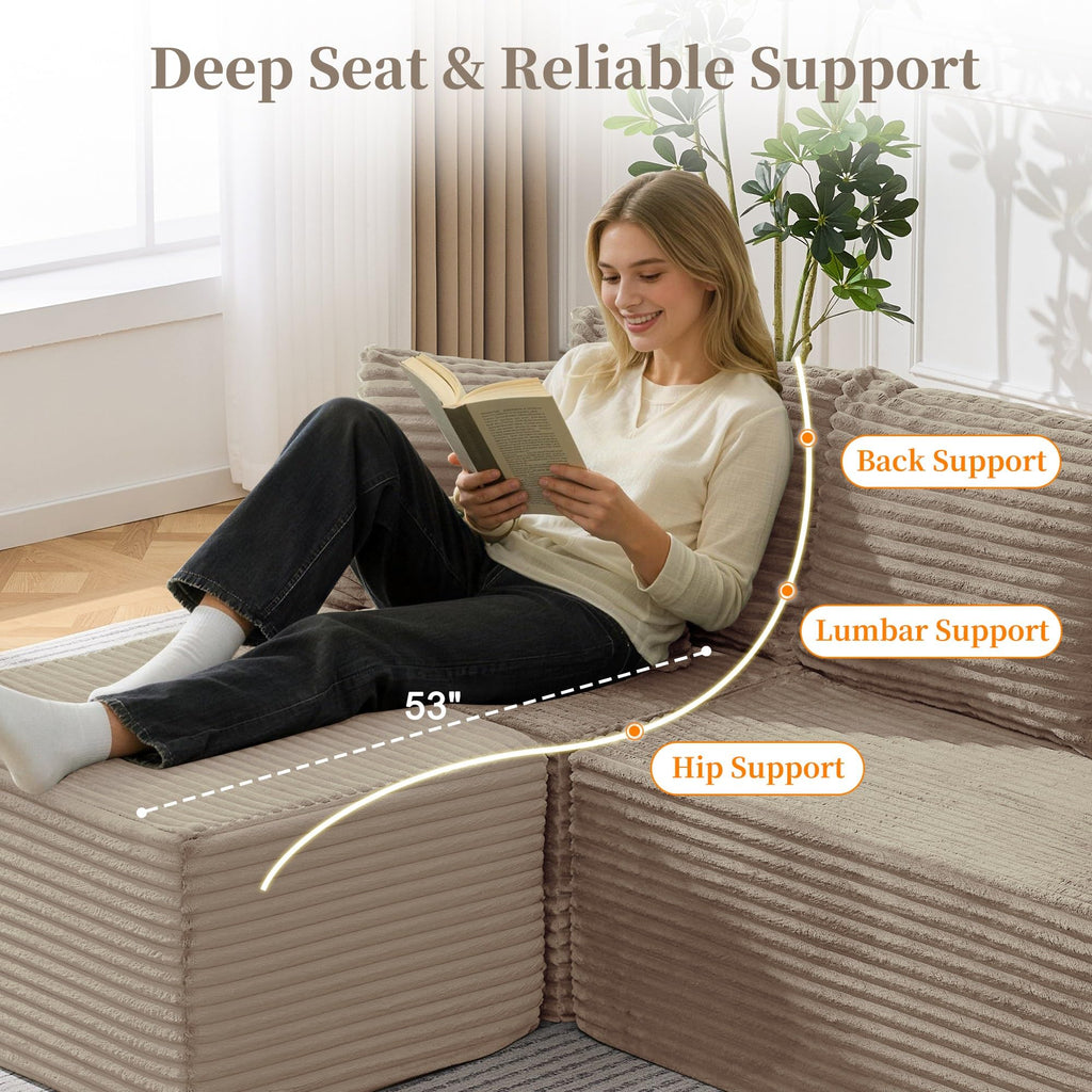 Cloud Modular Sectional Sofa with L-Shaped, Boneless Couches, Fluffy Comfy Corduroy Deep Seat with Ottoman, Bedroom
