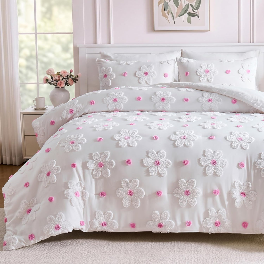 Twin Comforter Set for Girls 2 Pieces Tufted Daisies Flowers Pink Floral Twin Girls Bedding Sets Bed in A Bag Cute