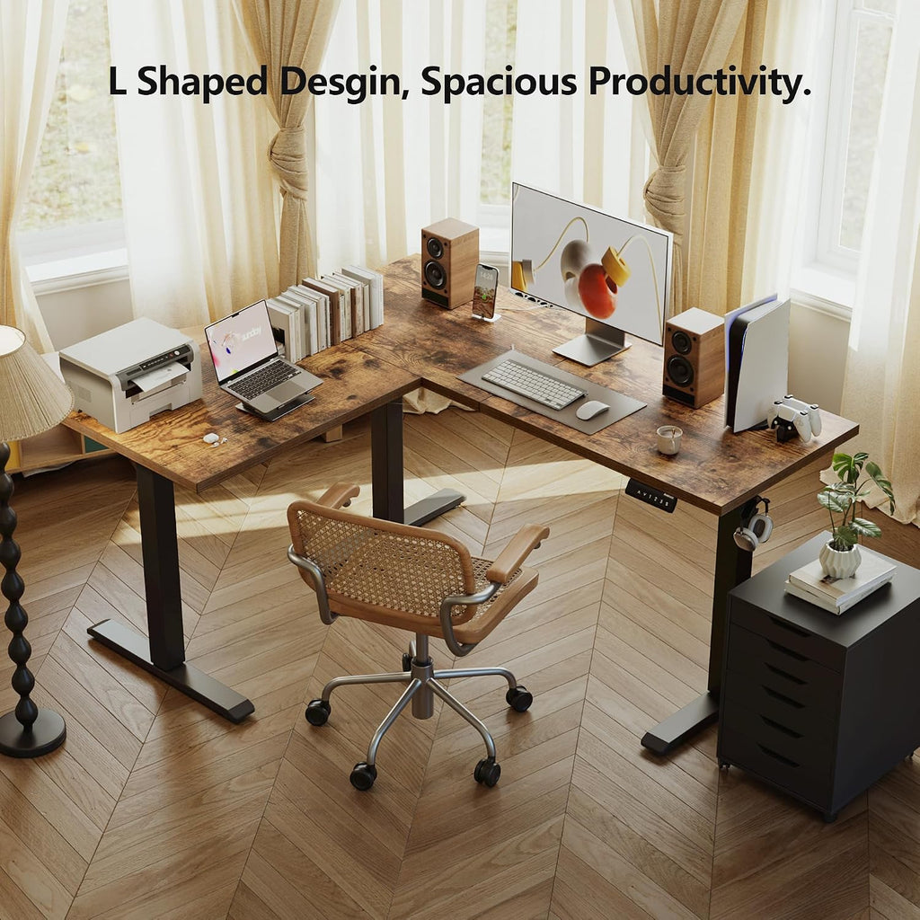 L Shaped Standing Desk Adjustable Height, 59 Inch, Rustic Brown | Electric Height Adjustable, Spacious Corner