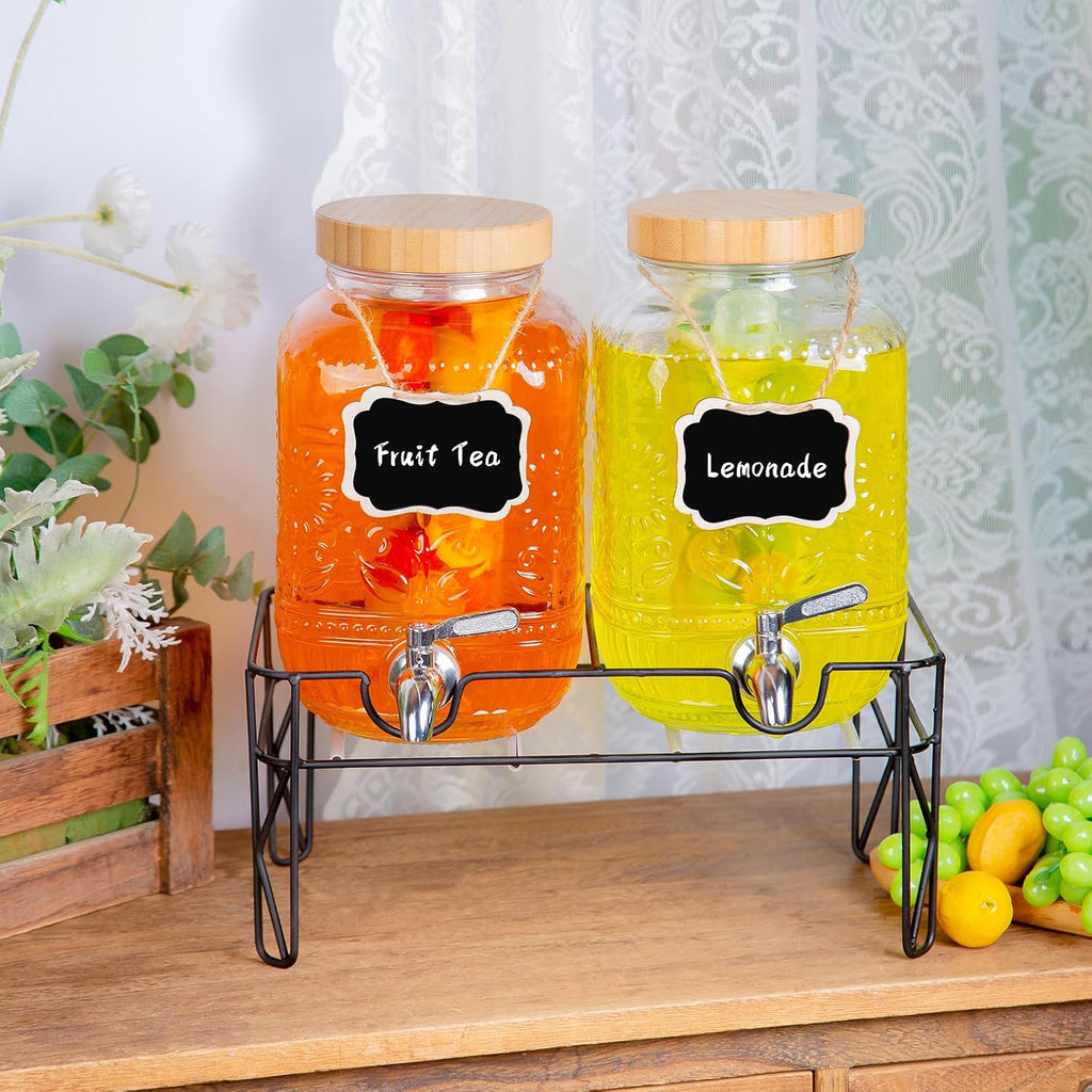 2-Pack1Gallon for Parties,Beverage Dispenser with Stainless Steel Leakproof Spigot/Stand/Bamboo Lids/Fruit - Set of 2