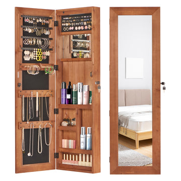Solid Wood Jewelry Armoire Organizer Cabinet with Full-Length Mirror, 47x14in Wall-Mounted Lockable with LED Light