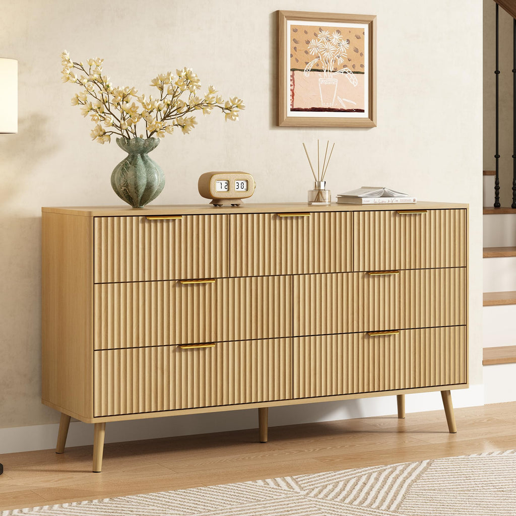 Fluted 7 Drawer Dresser, 55" Wide Wooden Chest of Drawers with Rounded Corners, Gold Handles, Modern Storage