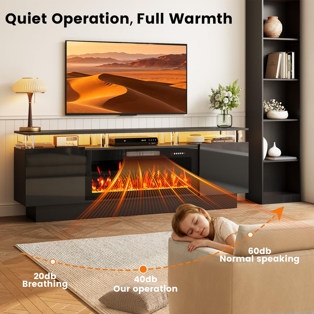 With 36" Fireplace, 70 Inch Black Fire Place TV Stands, Modern Electric with Cabinets & Acrylic Columns