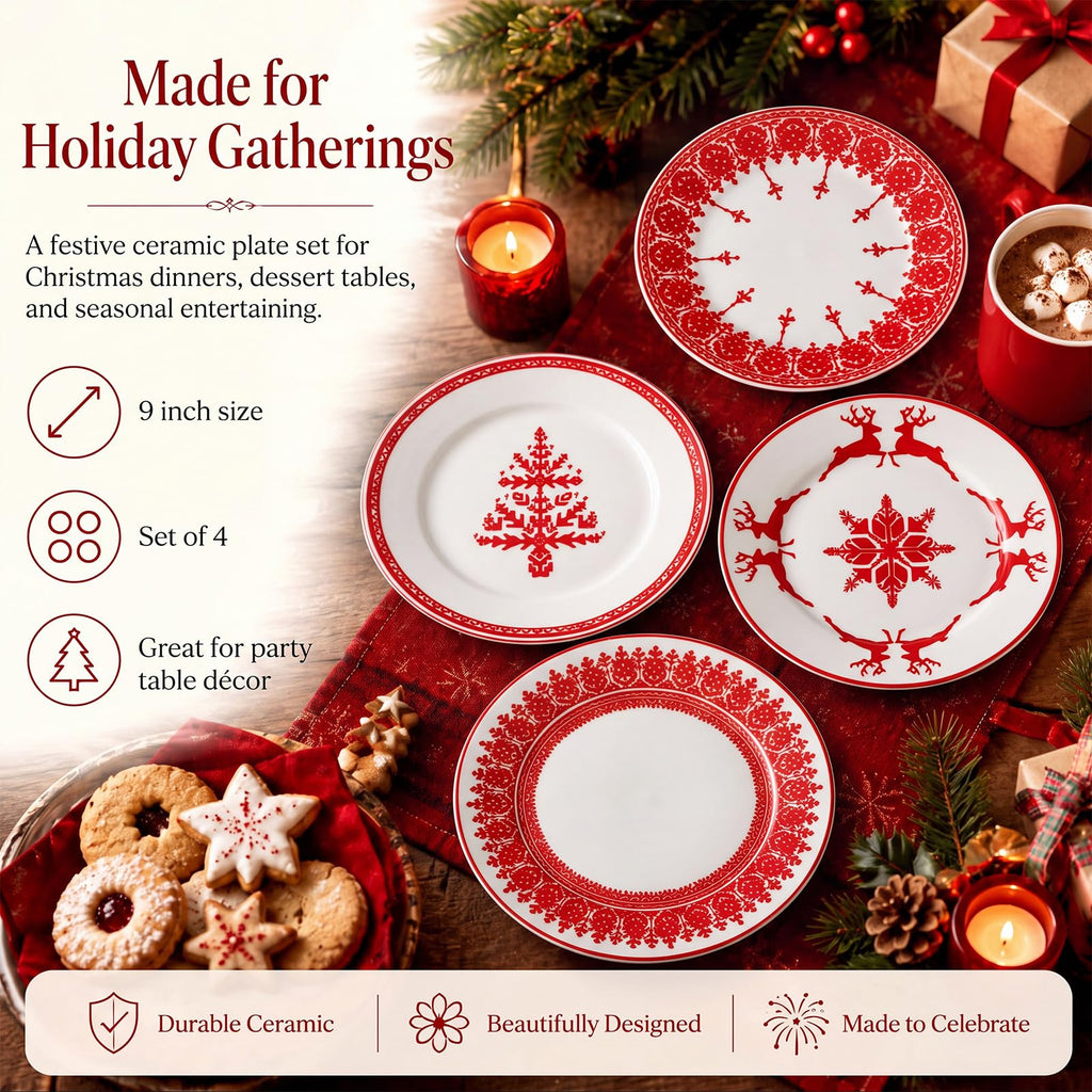 4 Pcs Red Christmas Ceramic Plates 9 Inch Salad Dish Serving Set