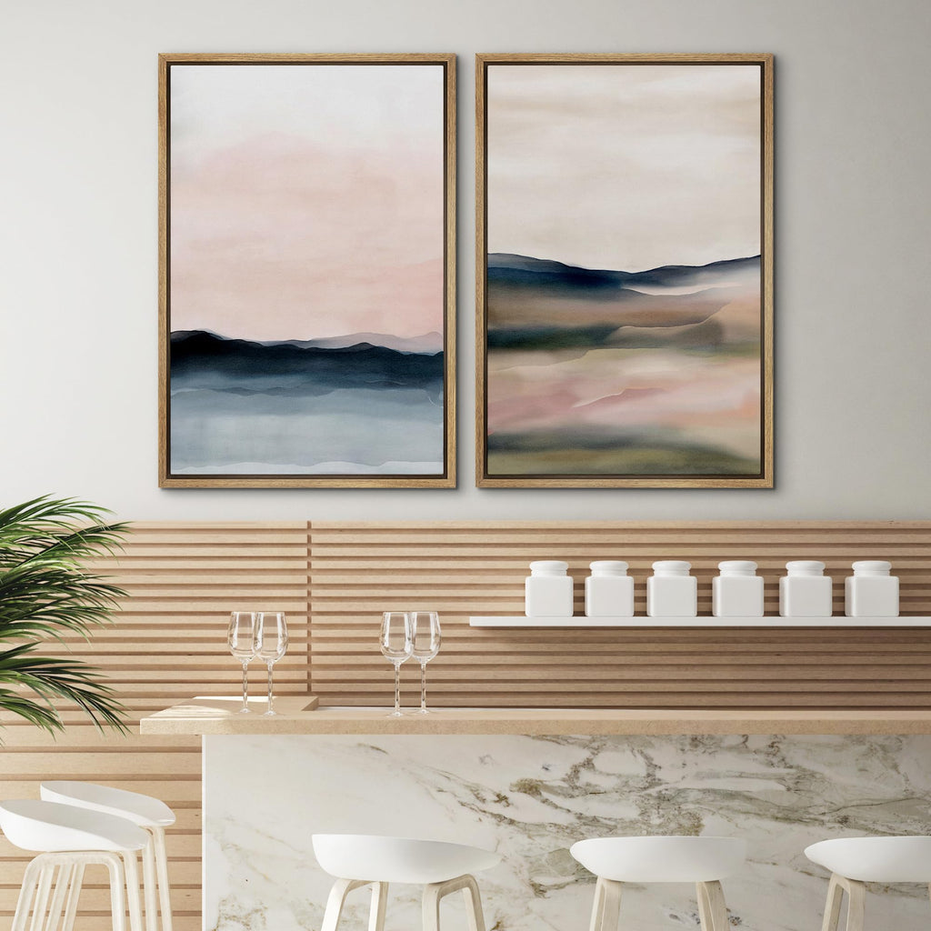 Framed Canvas Print Wall Art Set Pastel Watercolor Sunset Landscape Abstract Shapes Illustrations Minimal Decorative